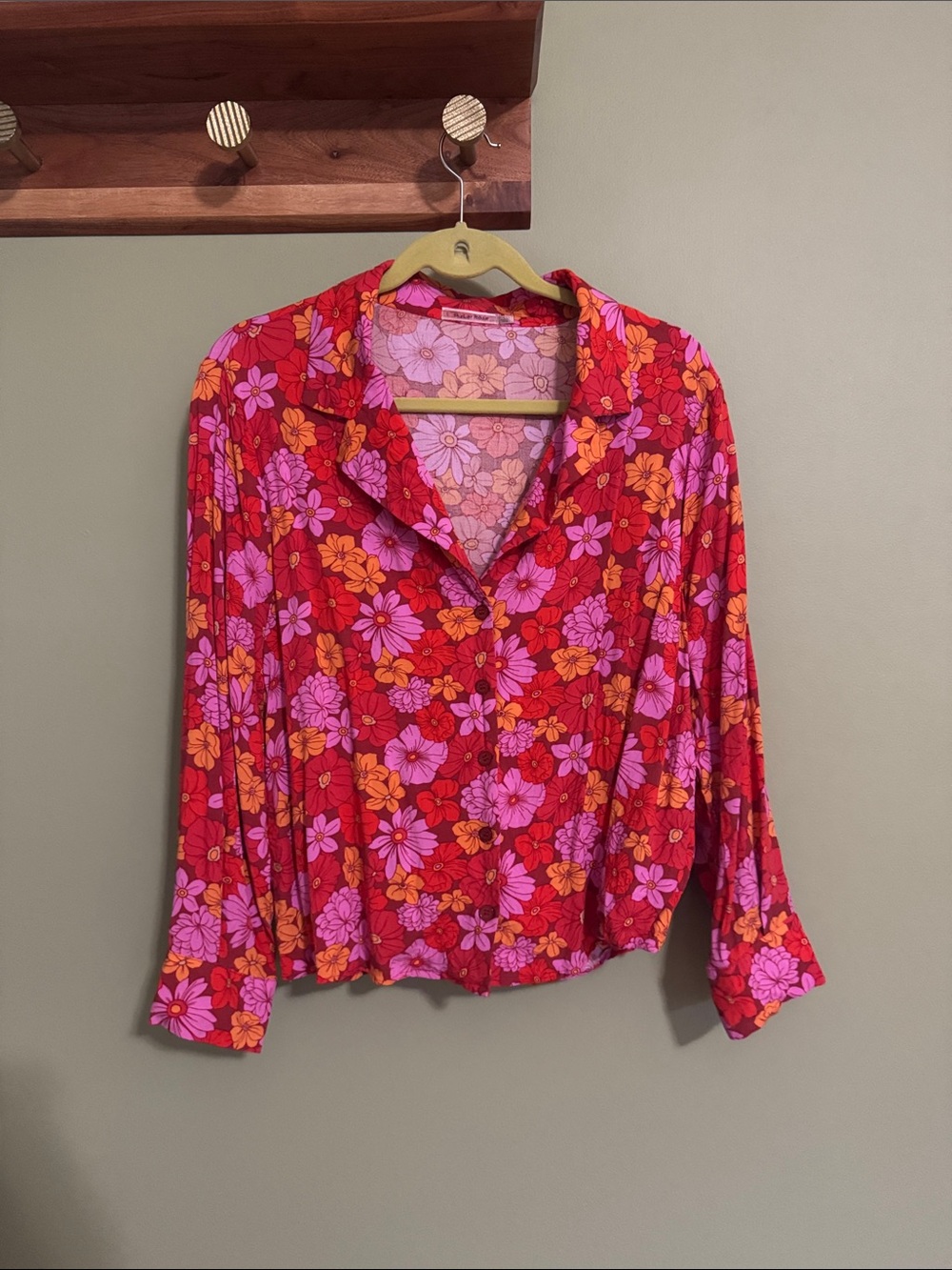 Women's Red Floral Button-Down Shirt with Pink & Orange Blooms